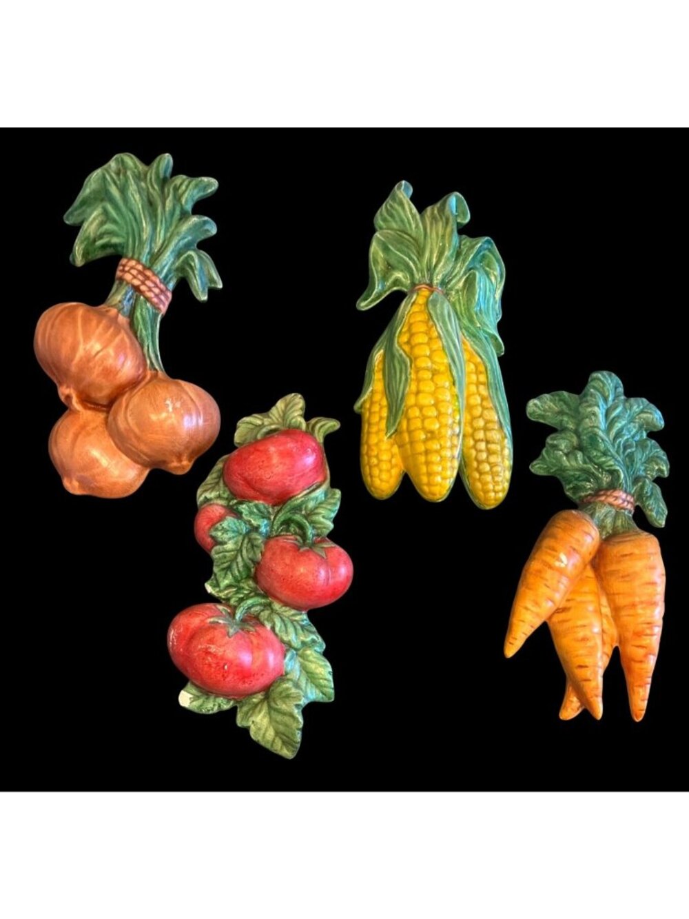 Vtg MCM Hand-Painted Vegetable Wall Plaque Set Onion Carrot Corn Tomato